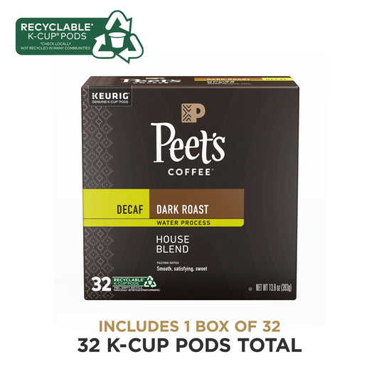 Peet's Coffee, Dark Roast Decaf Single Serve Coffee Pods, 100% Arabica Coffee - Decaf House Blend 32 Count (1 Box of 32 Pods)