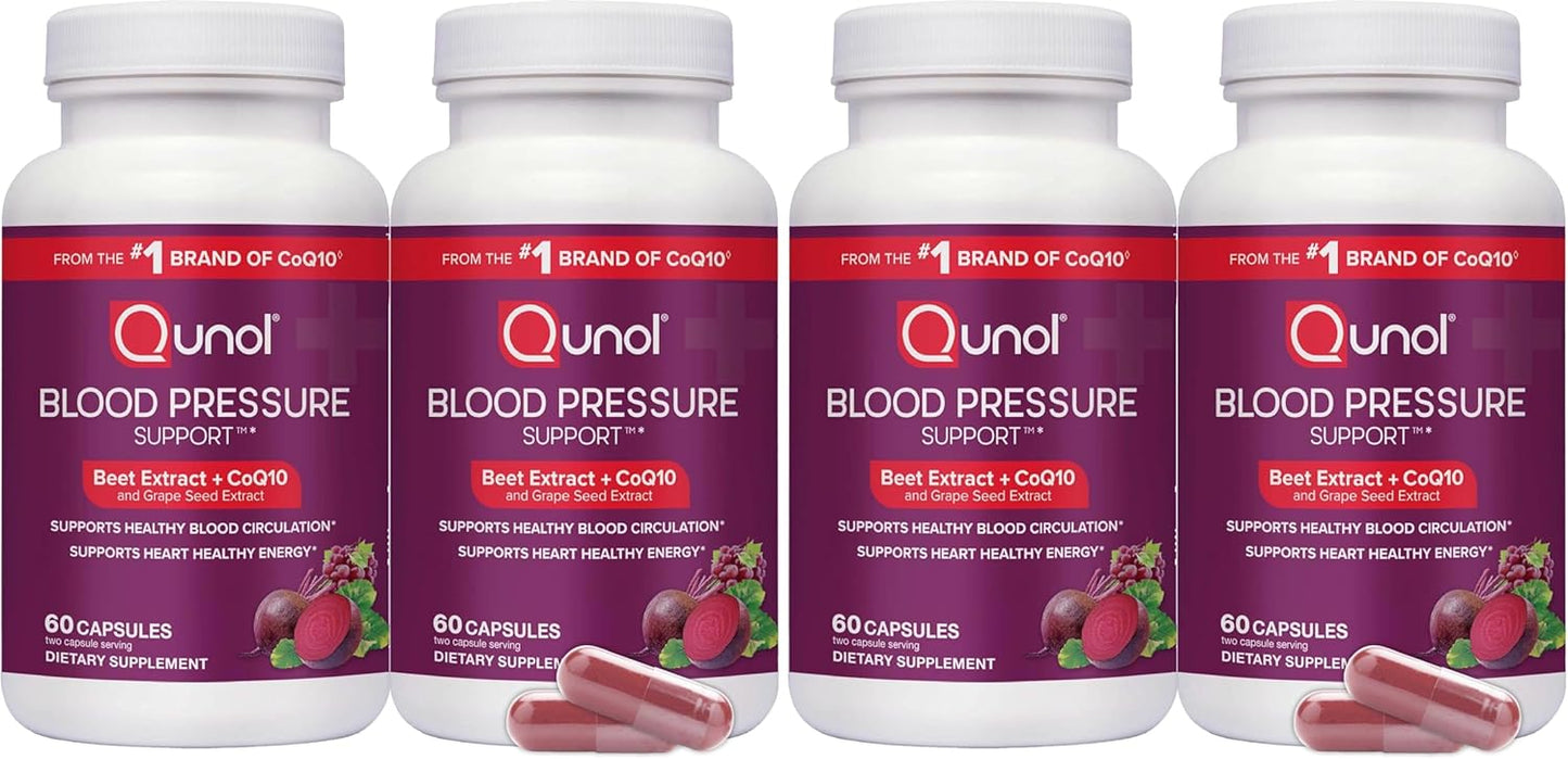 Qunol Blood Pressure Support, 3 in 1 Beets + CoQ10 + Grape Seed Extract, Beet Root Capsules that Supports Healthy Blood Circulation & Heart Healthy Energy, 60 Count (Pack of 1)