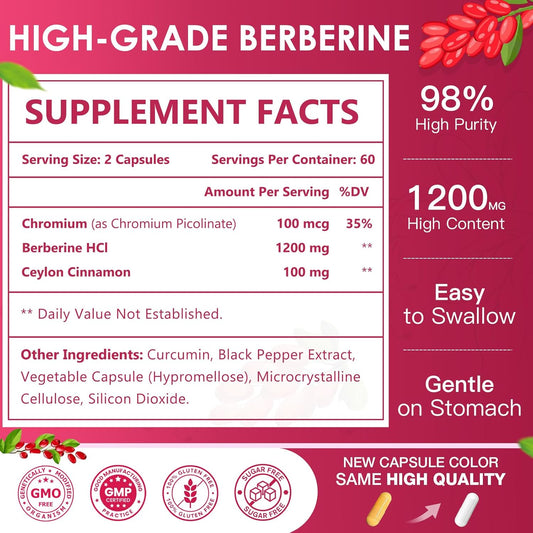 NATURE TARGET Berberine HCL 1200mg, Berberine Supplement with Ceylon Cinnamon, Chromium - Supports Immune, Gastrointestinal & Digestive Health, Non-GMO, 120 Capsules
