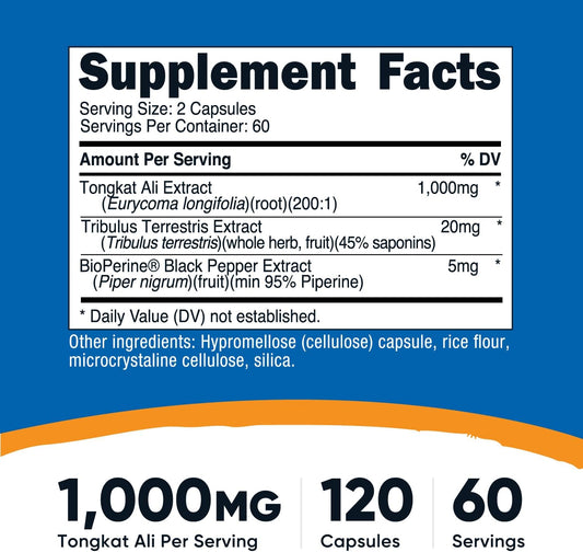 Nutricost Tongkat Ali 1,000mg 120 Capsules - with Tribulus Terrestris and BioPerine, Vegetarian Caps, Non-GMO, Gluten Free, Potent Extract