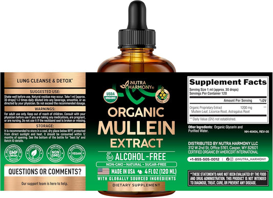 Mullein Drops for Lungs - USDA Organic Liquid - Mullein Leaf Extract Supplement - for Women & Men - Lung & Bronchial Cleanse for Smokers - Respiratory Health Support - As Tincture, Tea, Pills - 4 oz