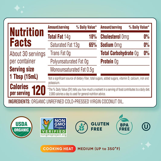 Nutiva Organic, Cold-Pressed, Unrefined, Virgin Coconut Oil from Fresh, non-GMO, Sustainably Farmed Coconuts, 15-ounce