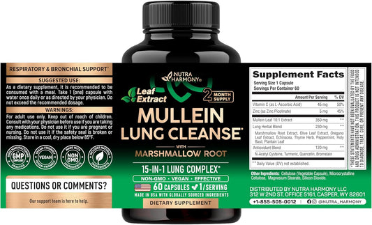 Mullein Lung Detox Supplement with Mullein Leaf 10:1 Extract and 15-in-1 Lung Support