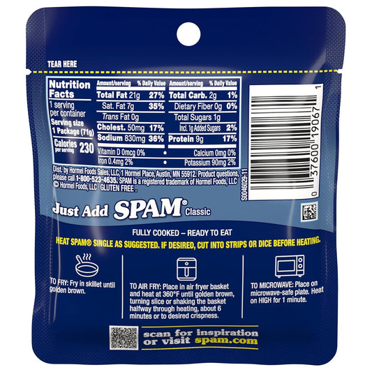 SPAM Classic Single, 9 Grams of Protein Per Serving, 2.5 oz Single Pouches, (12 Pack)