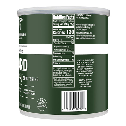 South Chicago Packing Traditonal LARD Shortening, 42 Ounces, Specialty Baking Shortening and Cooking Fat