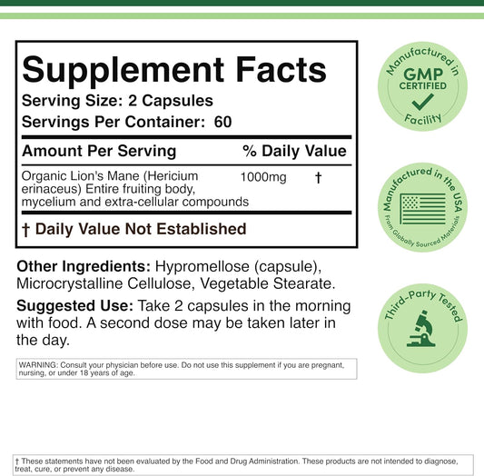 Organic Lions Mane Mushroom Capsules (120 Count), for Focus Support and Immune Health, Third Party Tested and Grown in The USA - by Double Wood