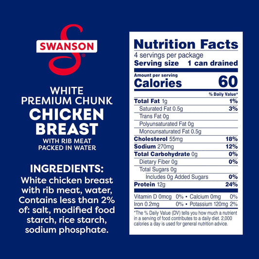 Swanson White Premium Chunk Chicken Breast with Rib Meat in Water, 4.5 oz. (Pack of 4)