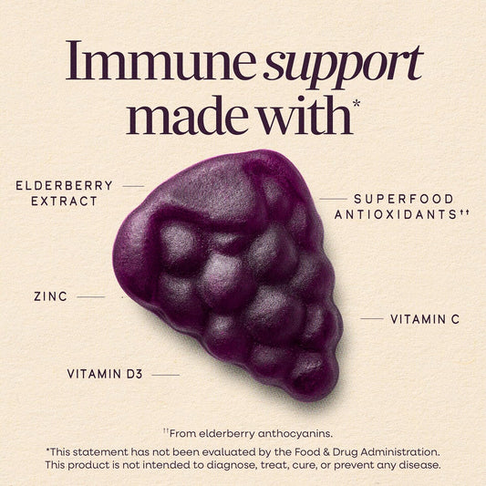 Nature's Way Sambucus Elderberry Gummies, Immune Support Gummy for Adults & Kids Ages 4+ with Black Elderberry Extract, Vitamin C, Vitamin D3, and Zinc*, 60 Gummies
