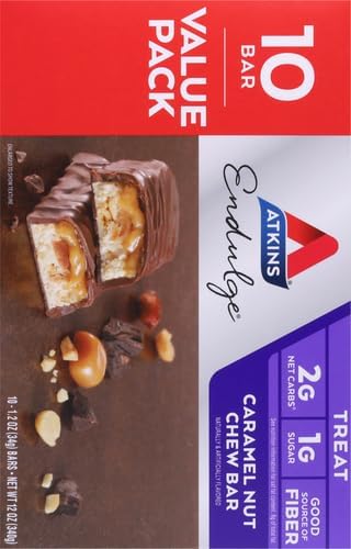 Atkins Endulge Caramel Nut Chew Bar, Low Sugar Snack, Dessert Bar, High Fiber Bar 1g Sugar, 10 Count