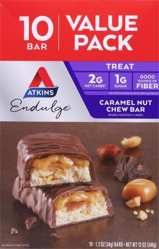 Atkins Endulge Caramel Nut Chew Bar, Low Sugar Snack, Dessert Bar, High Fiber Bar 1g Sugar, 10 Count