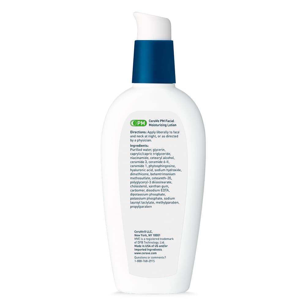 CeraVe PM Facial Moisturizing Lotion, Night Cream with Hyaluronic Acid and Niacinamide, Ultra-Lightweight, Oil-Free Moisturizer for Face, 3 Ounce