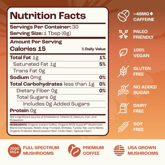 RYZE SUPERFOODS Mushroom Medium Roast Coffee USDA Organic with 6 Adaptogenic Mushrooms, USA Grown Instant Coffee for Better Energy, Focus Digestion Immunity with Lions Mane & Turkey Tail 30 Servings
