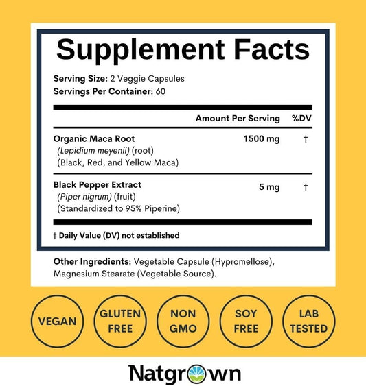 Natgrown Organic Maca Root Powder Capsules 1500mg Non-GMO Gluten-Free Vegan