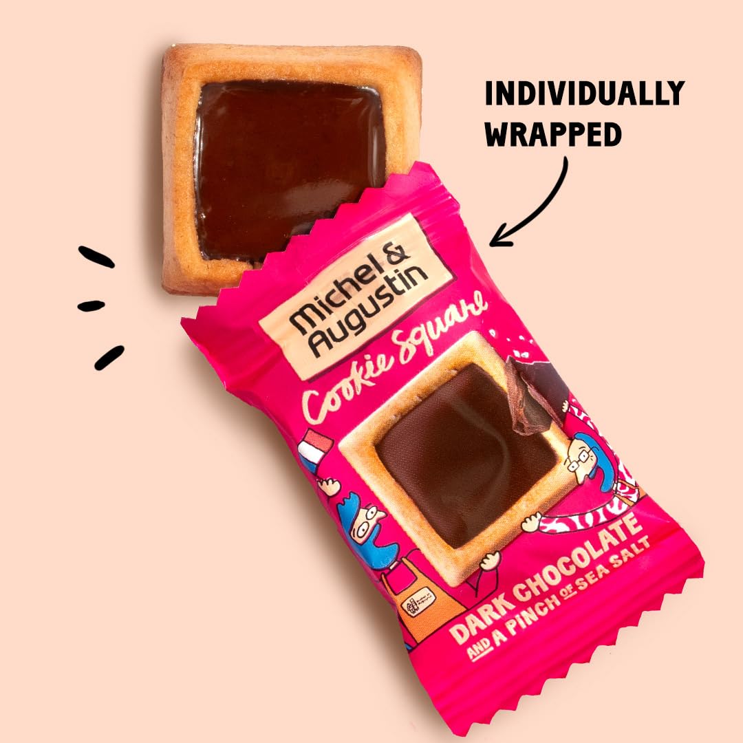 Michel et Augustin Chocolate Cookie Squares, Chocolate Gift Box, Dark Chocolate & Sea Salt French Shortbread Cookies, Candy Bulk, Individually Wrapped, 30-Pack