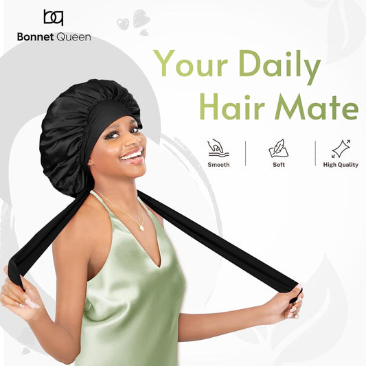 BONNET QUEEN Silk Bonnet for Sleeping Women Satin Bonnet Night Sleep Cap Hair Wrap for All Hair with Adjustable Tie Band,Black