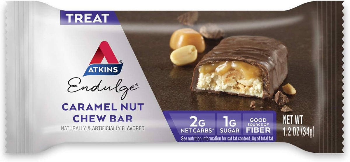 Atkins Endulge Caramel Nut Chew Bar, Low Sugar Snack, Dessert Bar, High Fiber Bar 1g Sugar, 10 Count