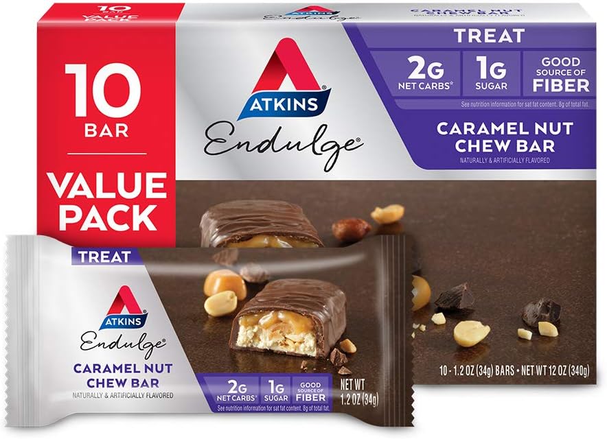 Atkins Endulge Caramel Nut Chew Bar, Low Sugar Snack, Dessert Bar, High Fiber Bar 1g Sugar, 10 Count