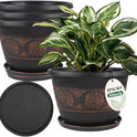 4 Pack 10 inch Plant Pots, Retro Pattern Planters with Drainage Holes and Saucer, Sturdy Plastic Garden Flower Pots for Indoor & Outdoor Plants