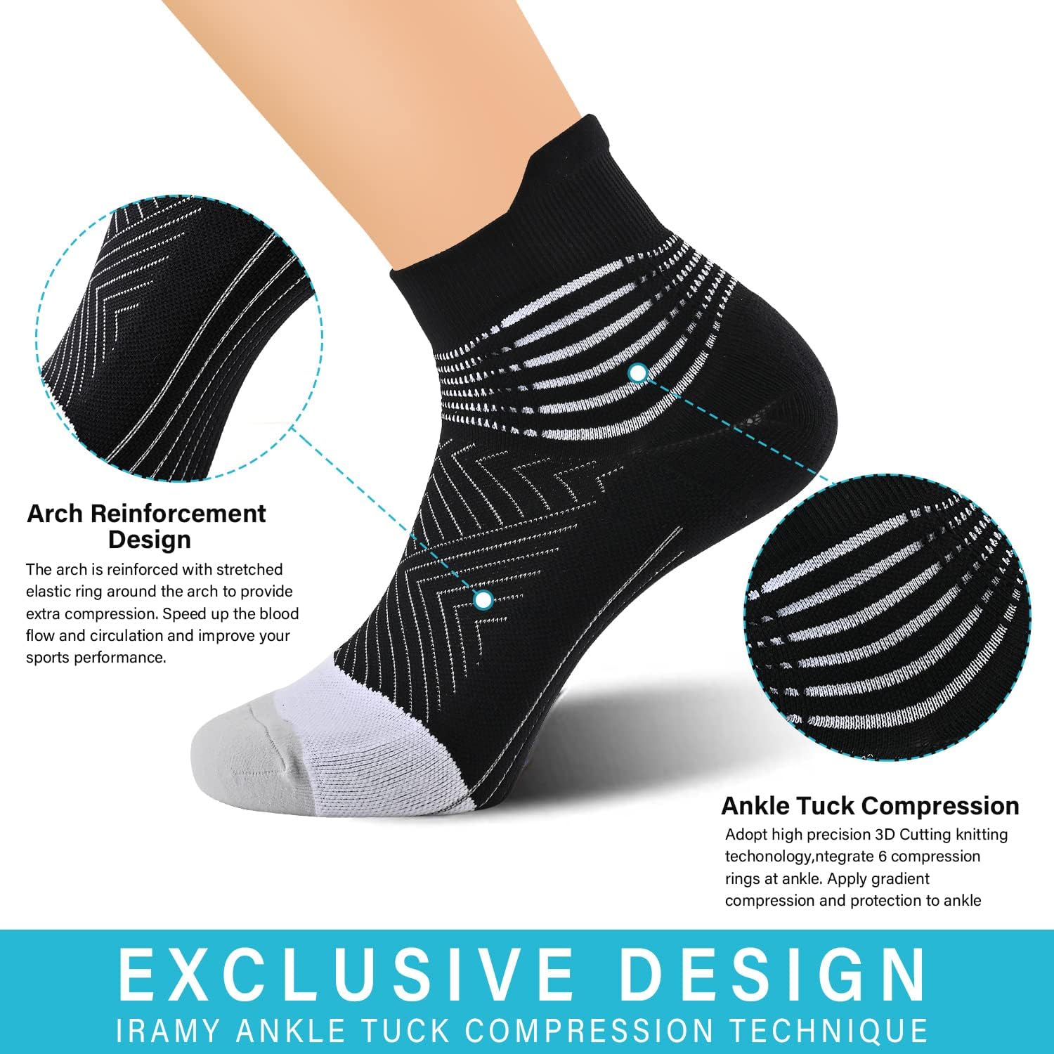 IRAMY Compression Ankle Support Socks Women - Wicking, Cushioned Athletic, Plantar Fasciitis Relief