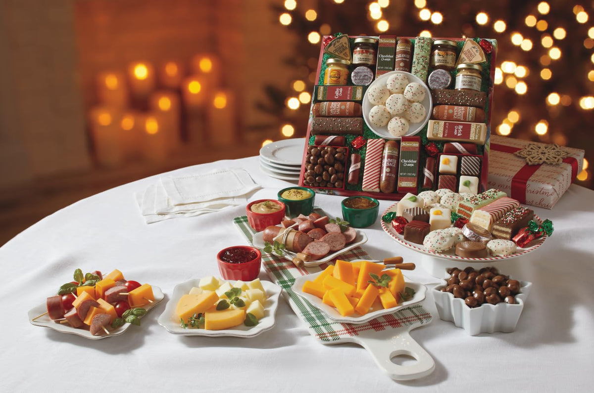 The Swiss Colony 27 Favorites Food Gift Set, Summer Sausage Meats and Cheeses, Assorted Chocolates, Candies, Petits Fours, Cheese & Charcuterie Board Gifts Basket, Holiday, Christmas - Holiday Red Box