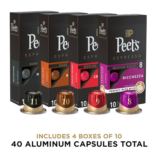 Peet's Coffee, Dark and Medium Roast Espresso Capsules Variety Pack, Compatible with Nespresso Original Machine, 100% Arabica Coffee - Intensity 8-11, 40 Count (4 Boxes of 10 Espresso Capsules)