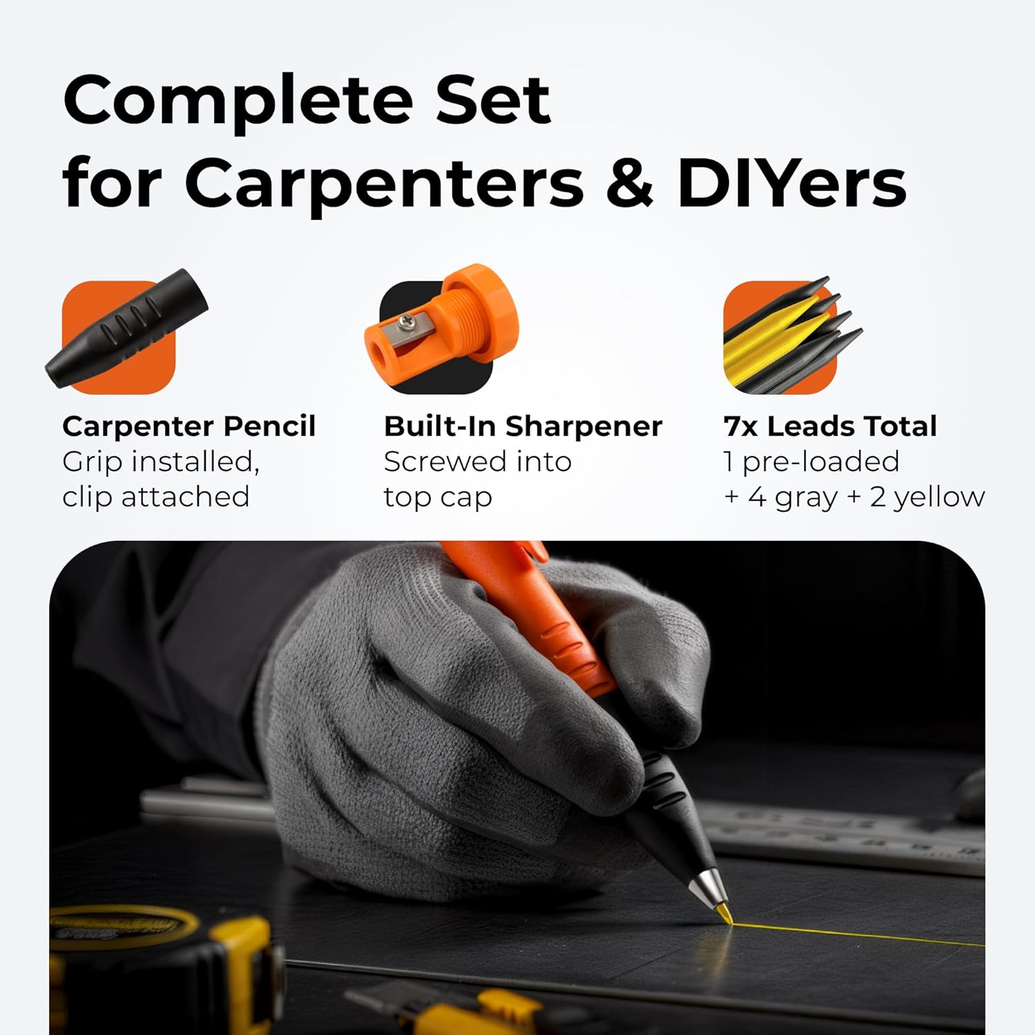 THORVALD New 3-in-1 Carpenter Pencils with Finger Grip for Construction - Incl. 7 Leads + Sharpener - Solid Mechanical Pencils with Fine Point/Best Marking tools Construction/Carpenters/Scriber