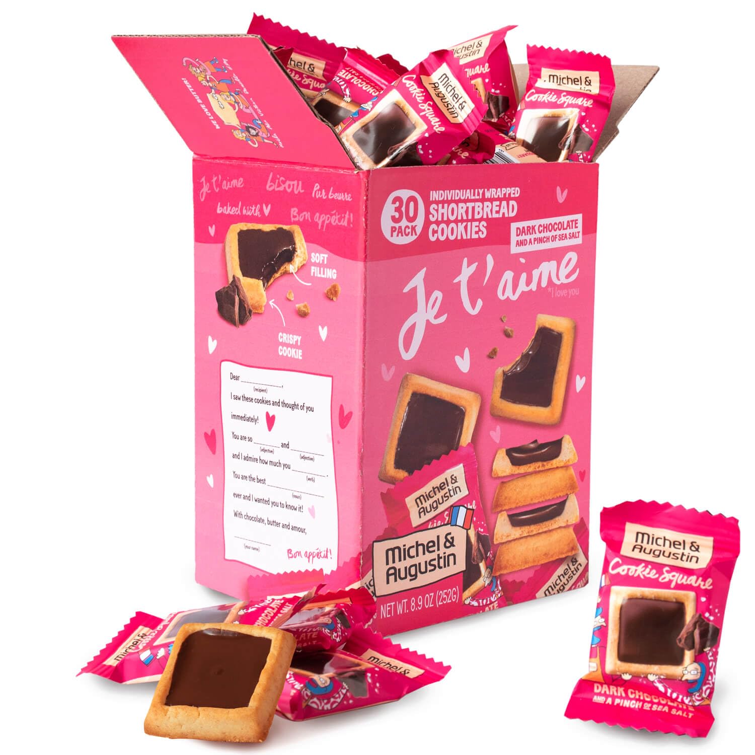 Michel et Augustin Chocolate Cookie Squares, Chocolate Gift Box, Dark Chocolate & Sea Salt French Shortbread Cookies, Candy Bulk, Individually Wrapped, 30-Pack