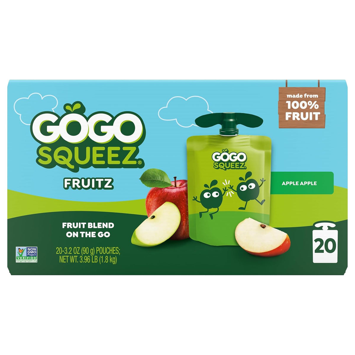GoGo squeeZ Fruit on the Go, Apple Apple, 3.2 oz (Pack of 20), Unsweetened Fruit Snacks for Kids, Gluten Free, Nut Free, and Recloseable Cap, BPA Free Pouches (Packaging May Vary)