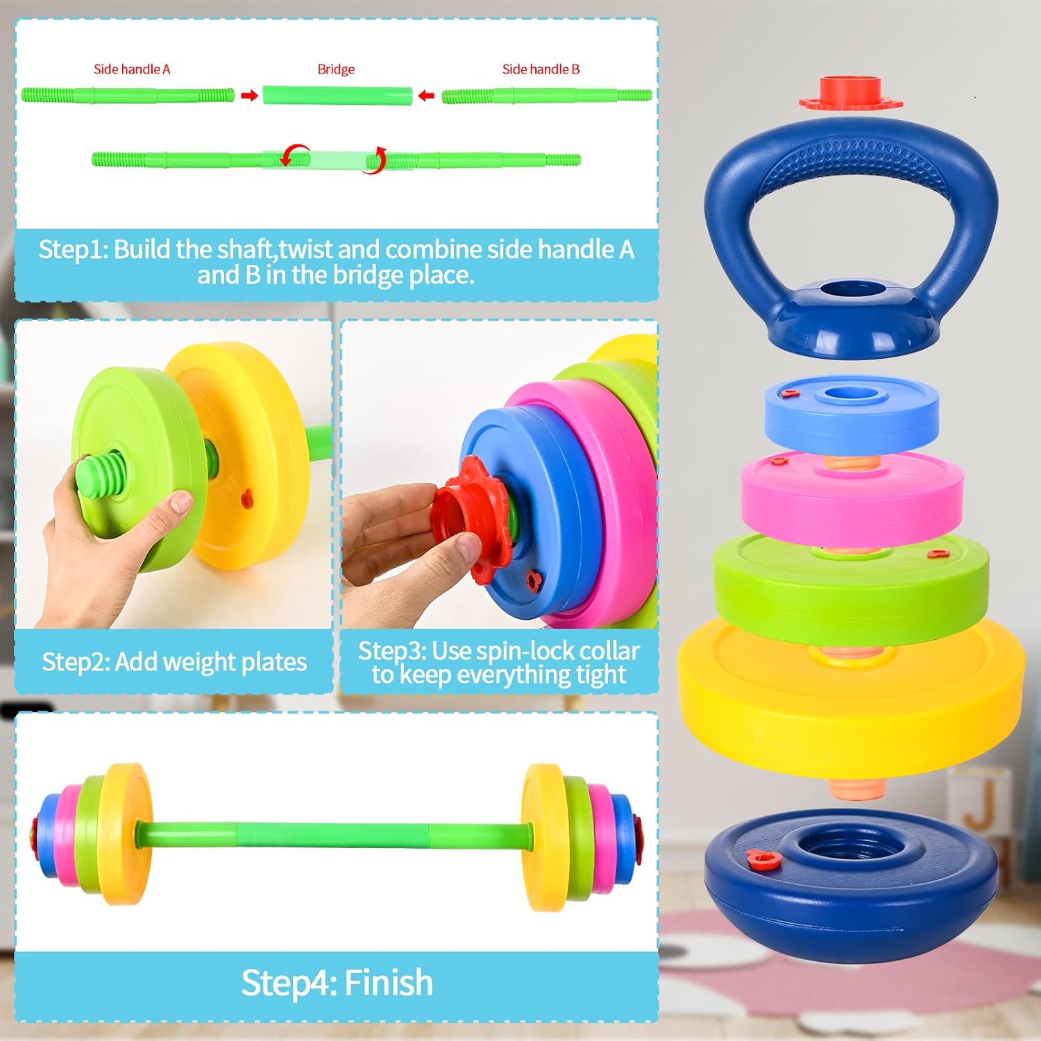 3-in-1 Kids Fitness Set with Adjustable Barbell and Kettlebell