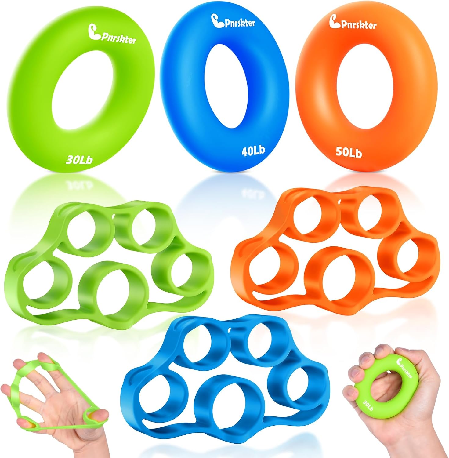 Hand Grip Strengthener, Finger Exerciser, 6-Pc Set, Silicone