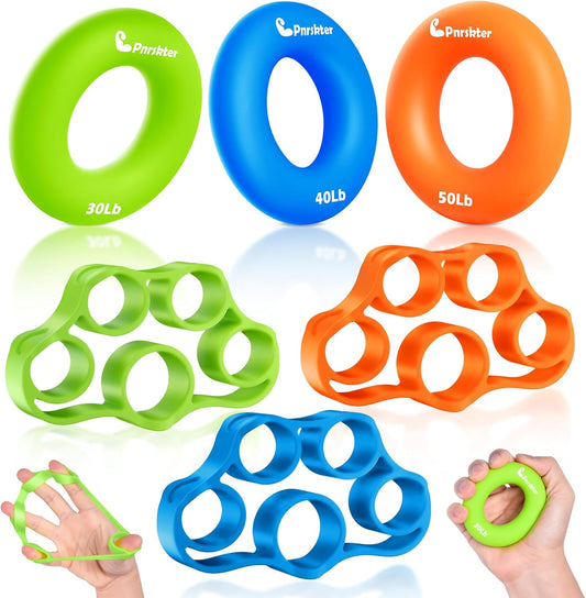 Hand Grip Strengthener, Finger Exerciser, 6-Pc Set, Silicone