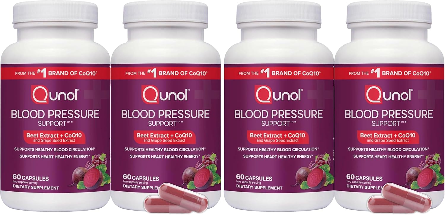Qunol Blood Pressure Support, 3 in 1 Beets + CoQ10 + Grape Seed Extract, Beet Root Capsules that Supports Healthy Blood Circulation & Heart Healthy Energy, 60 Count (Pack of 1)