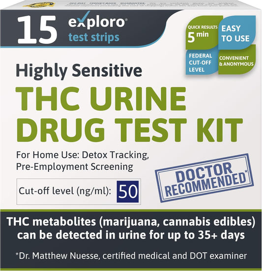 Exploro THC Tests for Home Use, Marijuana Drug Test Kit for Urine, 15 Pack, 50 ng/ml Cutoff Level