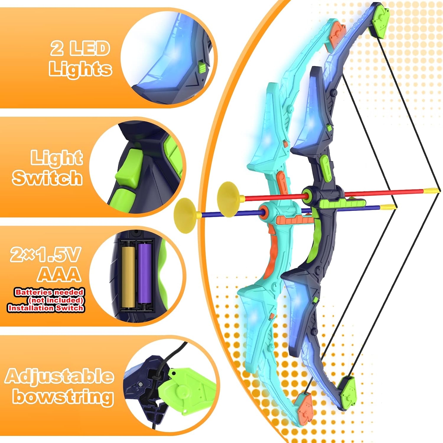 2 Pack Kids Bow and Arrow Set with LED Flash Lights, 14 Suction Cup Arrows and Fluorescence Standing Target-Perfect Indoor and Outdoor Game Archery Set Toy Gift for 4 5 6 7 8-12 Year Old Boys
