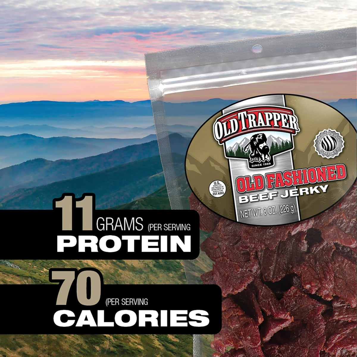 Old Trapper Beef Jerky, Old-Fashioned 8 Ounce Bag, Tender Meat Snacks for Lunches or Between Meals, 11 Grams of Protein, Zero Grams of Fat, and 70 Calories per Serving (Pack of One)