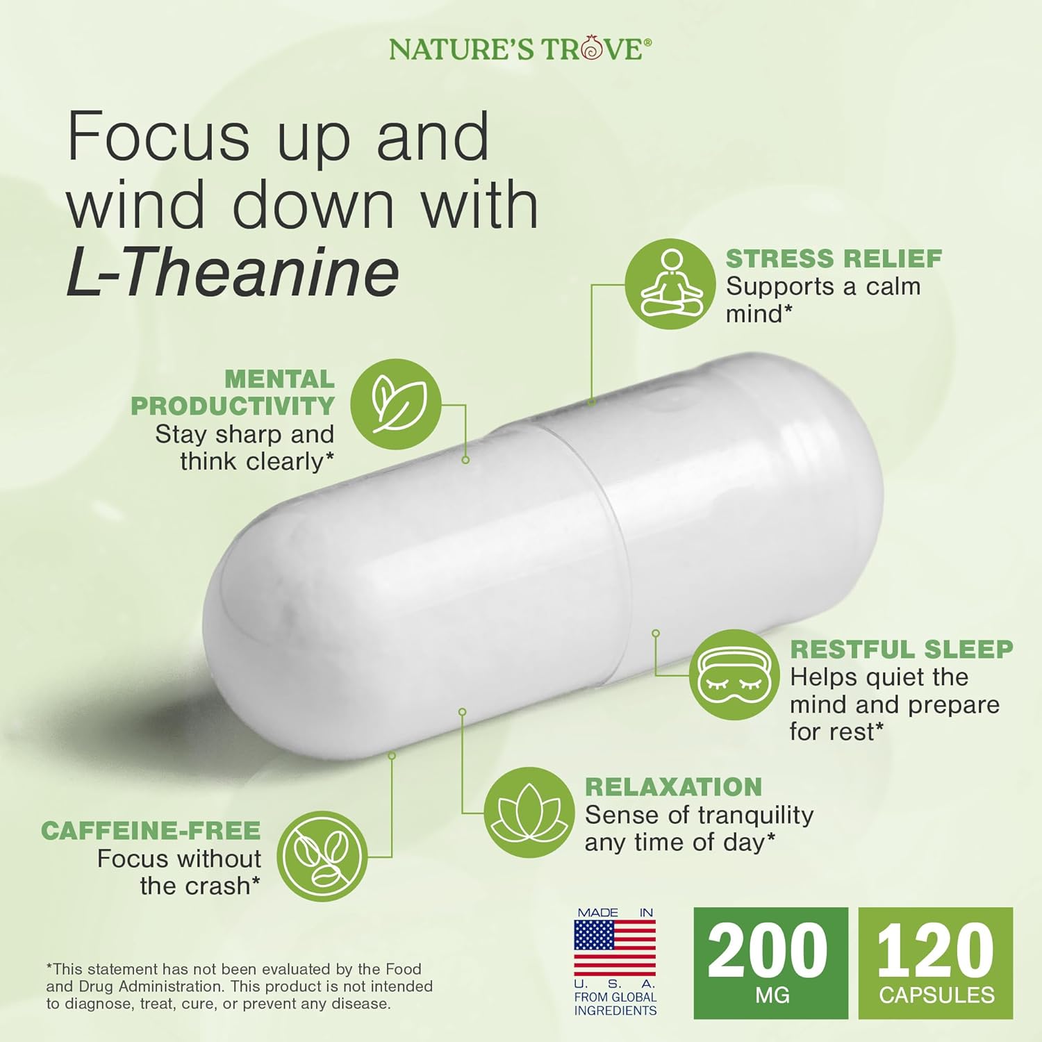 Nature's Trove L-Theanine 200mg 120 Vegetarian Capsules