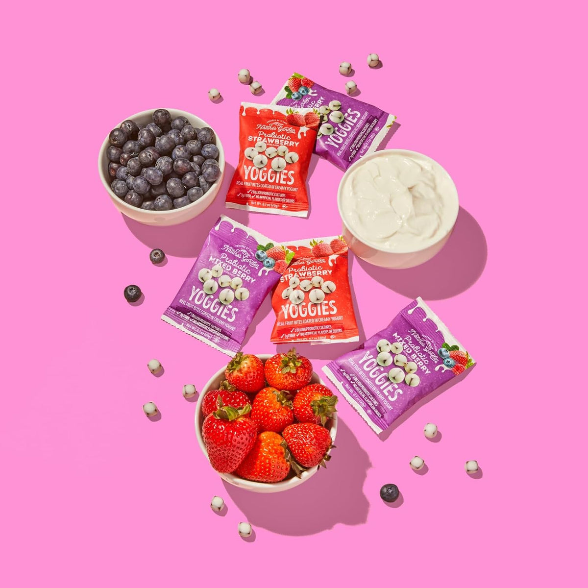 Nature's Garden Probiotic Yoggies Multi Pack, 21oz (Strawberry 15x0.7 oz + Mixed Berry 15x0.7 oz) Yogurt Covered Healthy Snack, High Fiber, Real Fruit Pieces, No Artificial Ingredients, for Adults