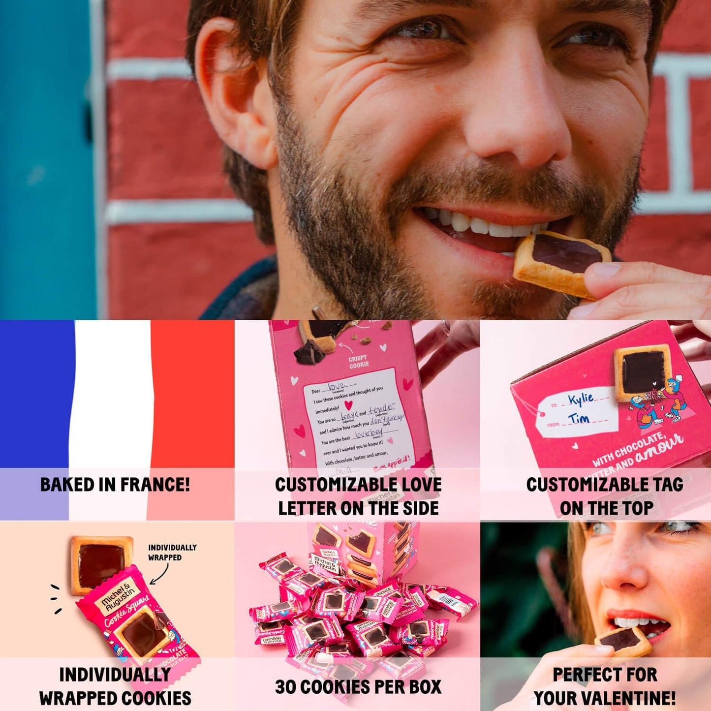 Michel et Augustin Chocolate Cookie Squares, Chocolate Gift Box, Dark Chocolate & Sea Salt French Shortbread Cookies, Candy Bulk, Individually Wrapped, 30-Pack