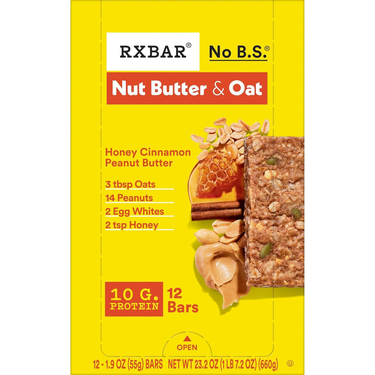 RXBAR Nut Butter and Oat Protein Bars, Protein Snacks, Snack Bars, Honey Cinnamon Peanut Butter, 23.2oz Box (12 Count)