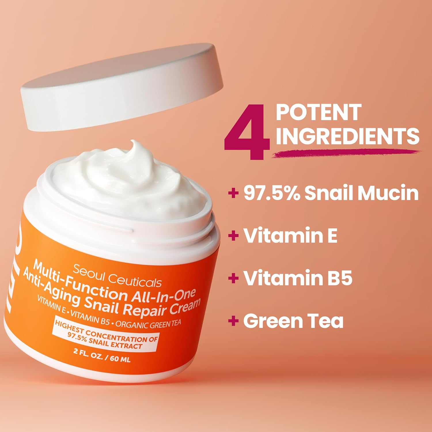 SeoulCeuticals Korean Skin Care 97.5% Snail Mucin Moisturizer Cream - K Beauty Skincare Day & Night Snail Repair Cream Filtrate Cruelty Free 2oz
