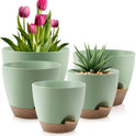 Plant Pots 10/9/8/7.5/7 Inch Self Watering Pots, Set of 5 Plastic Planters with Drainage Holes and Saucers,Plastic Flower Pots,Nursery Planting Pot for Indoor Out Door Plants（Green）