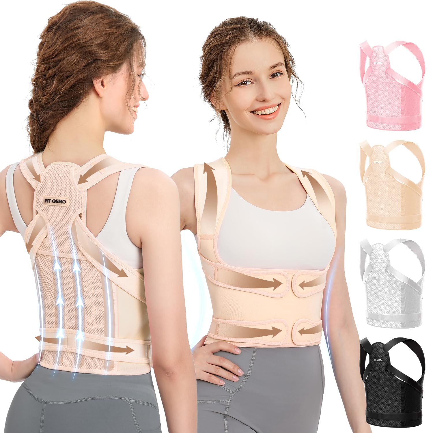 Fit Geno Posture Corrector for Women and Men, Adjustable Full Back Support