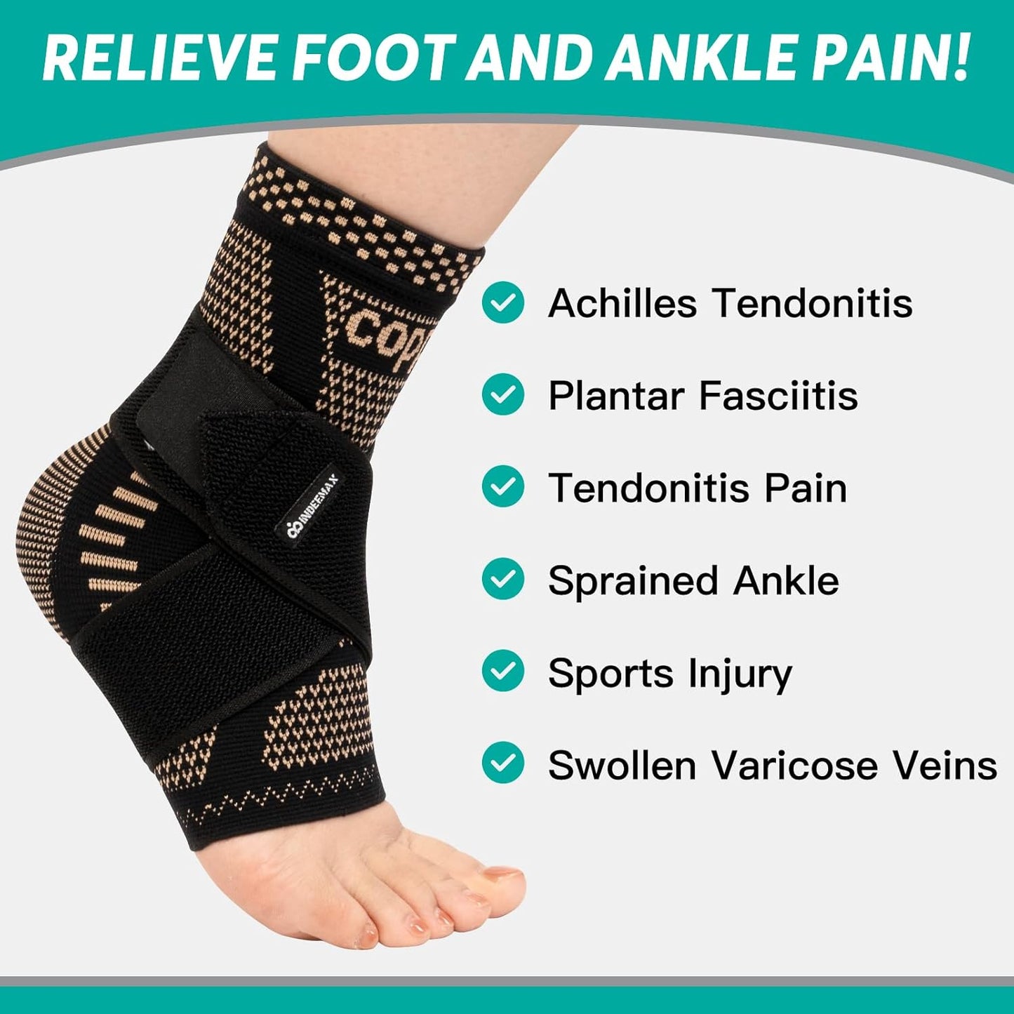 INDEEMAX Copper Infused Ankle Brace for Women and Men, Ankle Compression Sleeve Support
