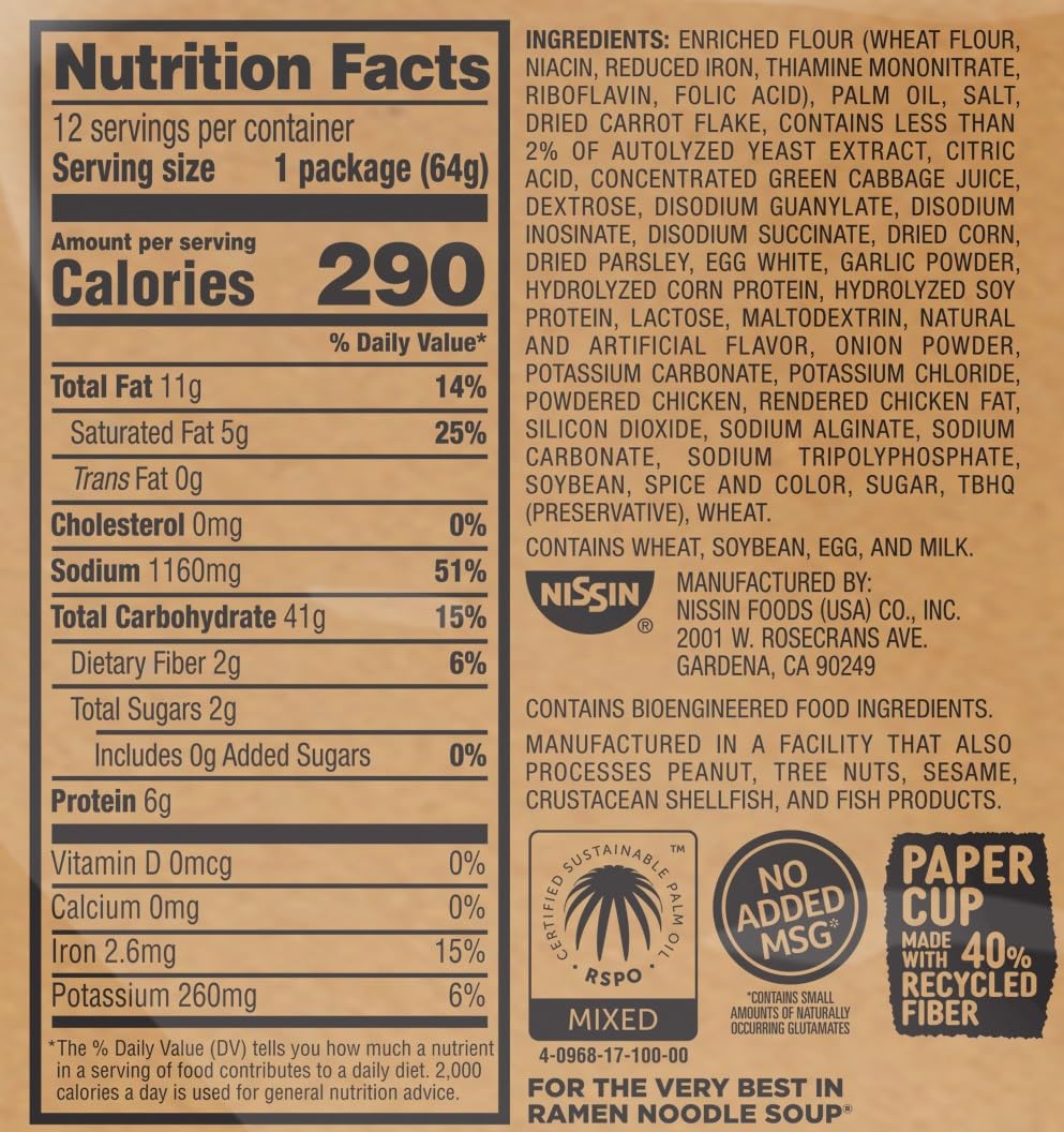 Nissin Cup Noodles Ramen Noodle Soup, Chicken, Microwaveable Paper Cup, 2.25 Ounce (Pack of 12)