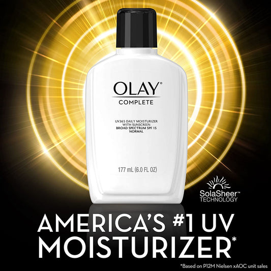 Olay Face Moisturizer, Complete with Sunscreen SPF 15, Daily Facial Lotion for Normal Skin, Lightweight Hydrating Broad Spectrum Sun Protection - Vitamin C, E, and Niacinamide - 6 Oz 2 Pack