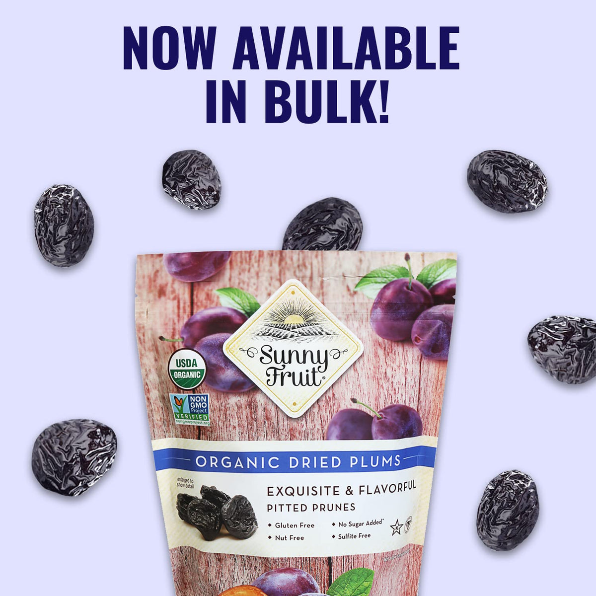 Sunny Fruit Soft Organic Pitted Prunes, 2.5 Pound Bulk Bag | No Preservatives, No Sugar Added | Healthy, Naturally Sweet Dried Plums | High Fiber Dried Fruit | ORGANIC, NON-GMO, VEGAN, HALAL, KOSHER