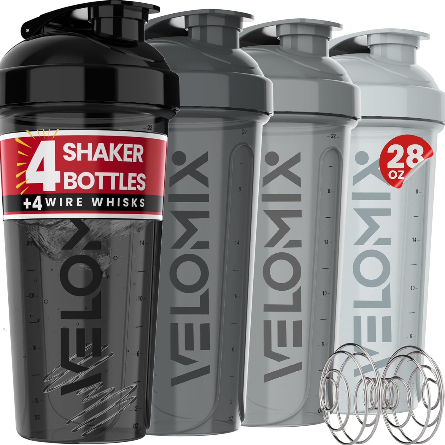 VELOMIX 28oz Protein Shaker Bottles - 4 Pack, Leak Proof