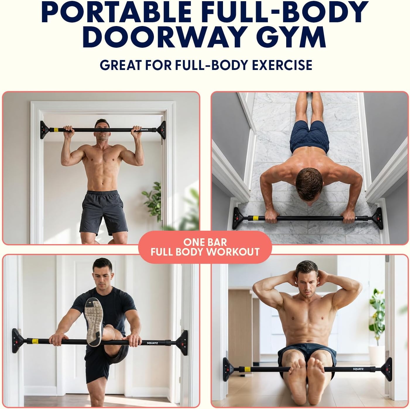 Squatz Adjustable Doorway Pull-Up Bar with Level and Locking Mechanism