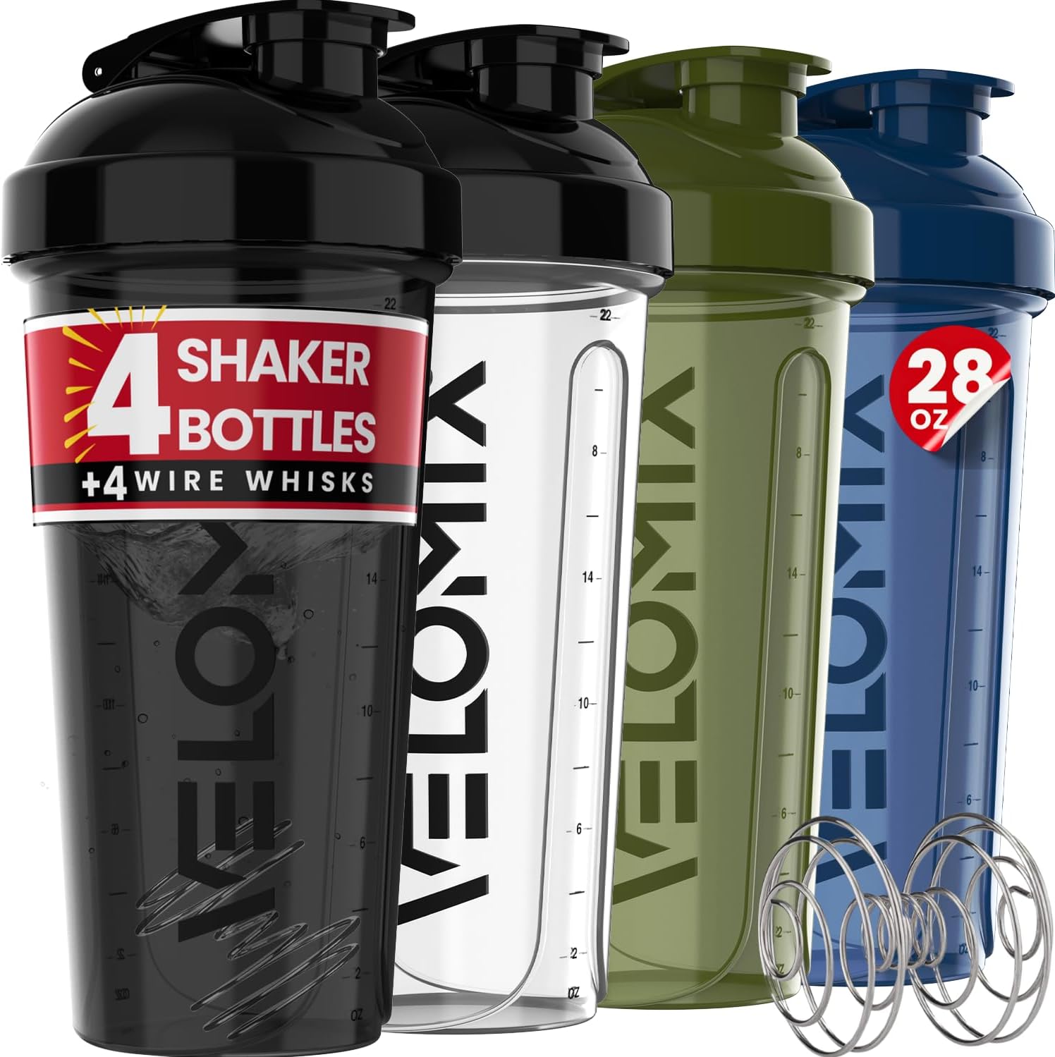 VELOMIX 28oz Protein Shaker Bottles - 4 Pack, Leak Proof