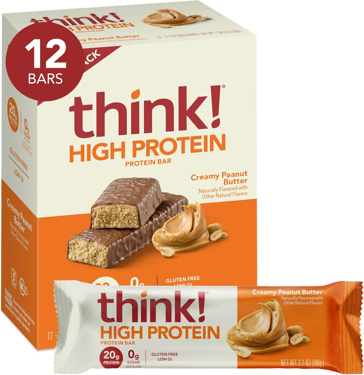 think! Protein Bars, High Protein Snacks, Gluten Free, Kosher Friendly, Creamy Peanut Butter, Nutrition Bars, 2.1 Oz per Bar, 12 Count (Packaging May Vary)